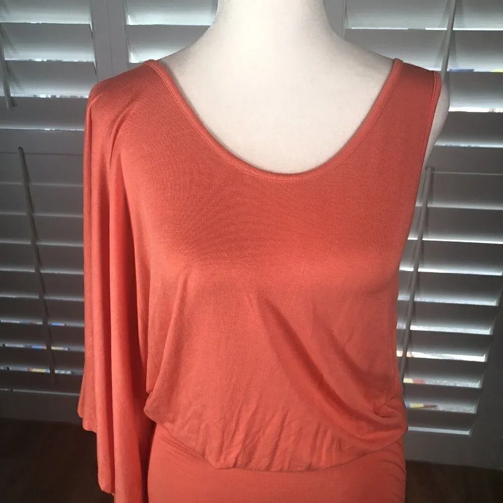 NEW Arden B Bright Coral One Shoulder Kimono Mini Dress M Ruched Bodycon Skirt